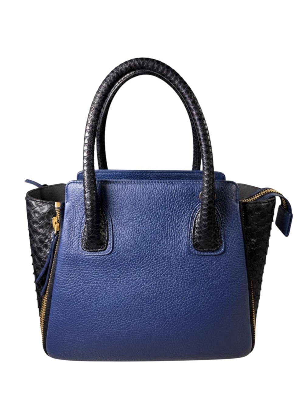 Paige Gamble Blakeley Blue Leather Black Python Exotic Zipper Satchel Tote Bag